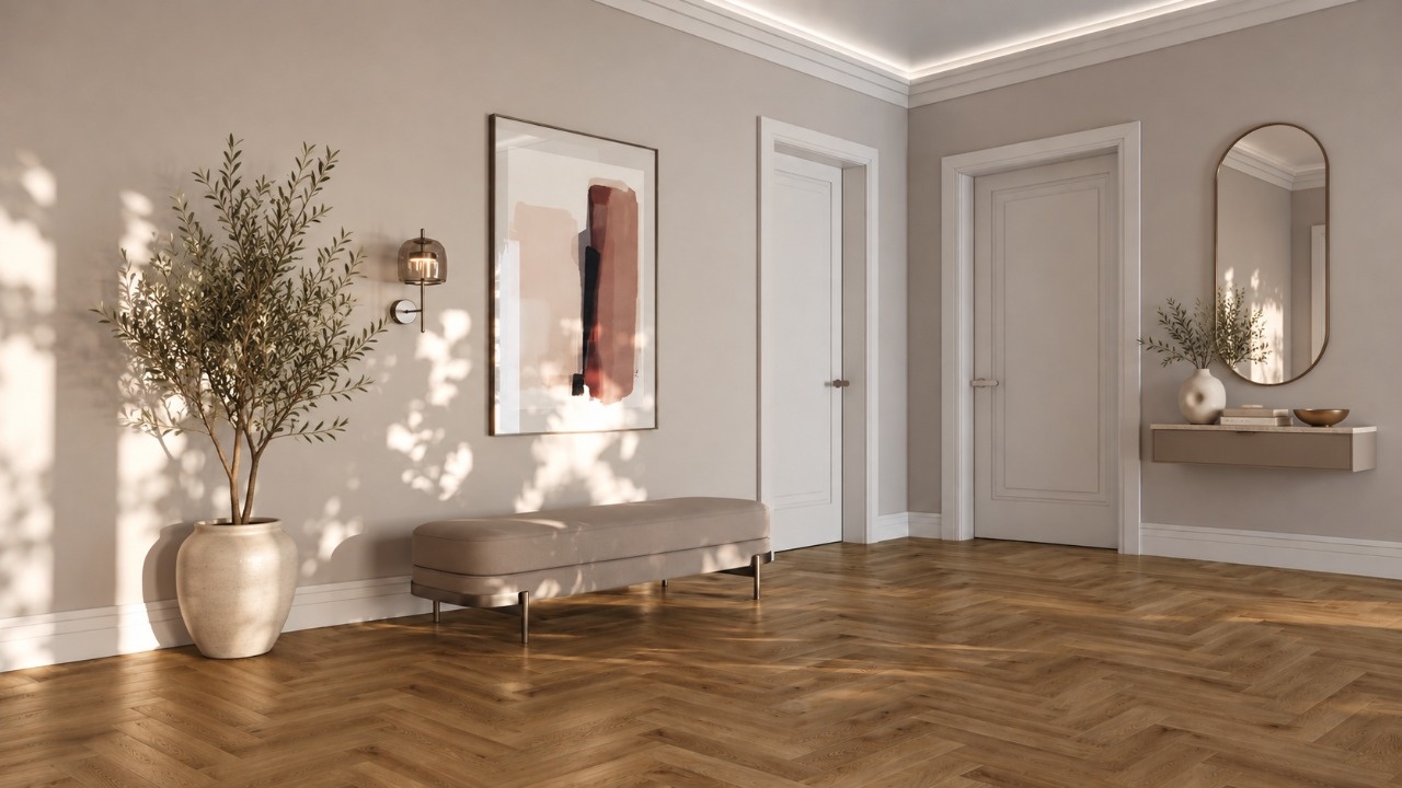 Кварцевый ламинат FARGO «Дуб Окленд» с укладкой ёлочкой в бежевой прихожей с банкеткой, зеркалом и оливковым деревом